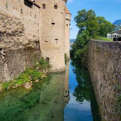 The moat and guard towers ... Château de Chillon — Veytaux, Switzerland.