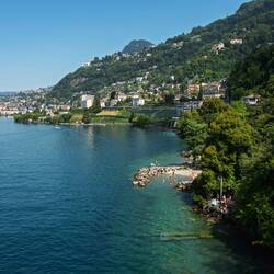 View from one of the guard towers ... looking toward Montreaux ... Château de Chillon.