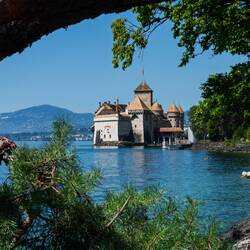 Château de Chillon is a waterside castle on an island — Veytaux, Switzerland.