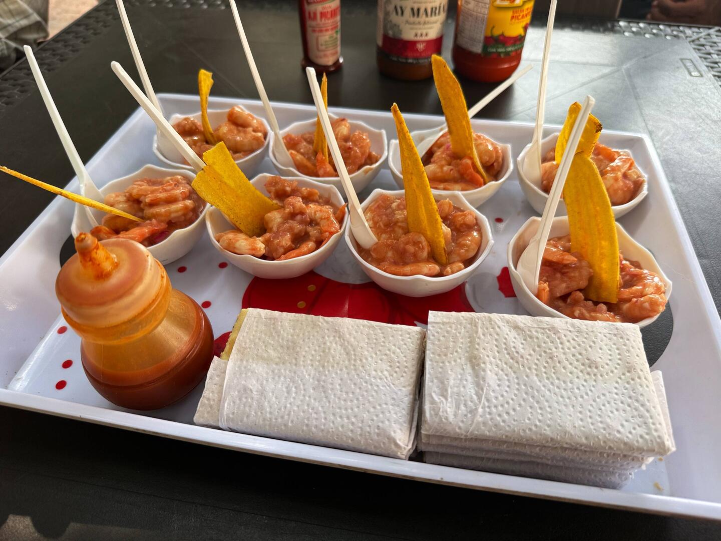 Shrimp with various Cartagena sauces