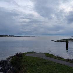 Songhees Walkway looking south across the outer harbour and Juan de Fuca Strait