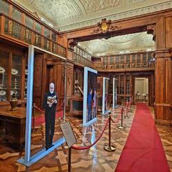 The wooden library with the modern cut-outs.