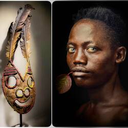 Tanzanian mask; paired with Huynh's "Flower Children Portrait 91" ... Musée Barbier-Mueller — Geneva