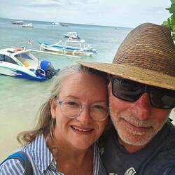 Back at the beach. Kayaks on the sand, and Thetis in the background