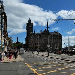 Downtown Edinburgh. The architecture is different here, the buildings very dark.