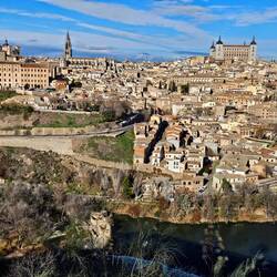 View of Tajo River, valley, old town and cathedral
