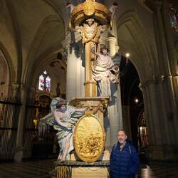 Charlie in front of what we later learned was a massive candlestick holder. What size candle?