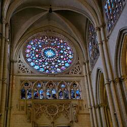 Rose window and stone carvings