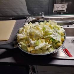 Anina versucht es jedesmal aufs Neue, die Pfanne ist und bleibt aber zu klein