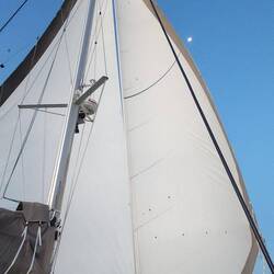 Mit Schmetterling Segeln begrüßt Mahana den Sonnenaufgang. Kleine weisse Ball ist der Mond