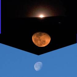 Mondaufgang, der Mond nach etwa 30 Minuten, der Mond am Tag