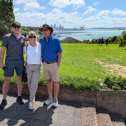 On a volcanoes with views of Auckland in the background