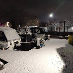 Mr Whiskers exploring the snow covered Northwich Quay on our first night back