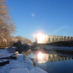 Sun shining off the Odeon building at Baron's Quay