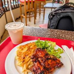 BBQ chicken, macaroni pie, and coconut punch at Tim's Restaurant