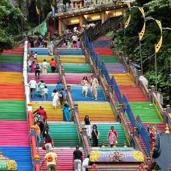 The rainbow staircase to the Cathedral Cave at Batu Caves