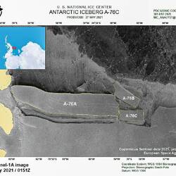Satellite imagery ... after A76 calved off two pieces in 2021 — Weddell Sea, Antarctica.