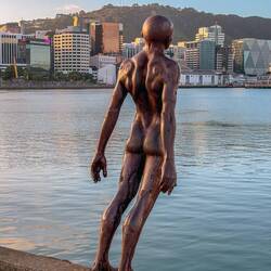 Die Skulptur "Solace of the Wind" oder auch "The Naked Man" an der Hafenpromenade von Wellington