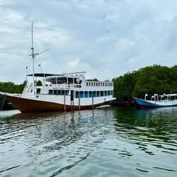 Her name is 'Bintang Sea'. The vertical posts keep her steady while she's being repaired.