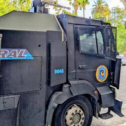 Riot control vehicle ready and waiting in the Plaza de Mayo