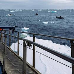 Every time a floe approaches, the gangway has to be pulled up to avert damage — Weddell Sea.