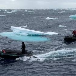 Zodiacs waiting to load up — Weddell Sea, Antarctica.