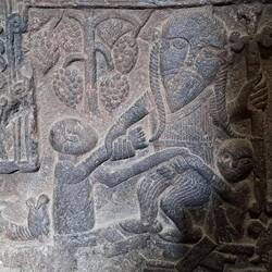 Cristo cerca di impedire ad Adamo di prendere la "mela" da Eva (qui è uva)