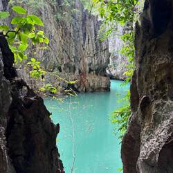 From the cave, there was a beautiful view of the water.
