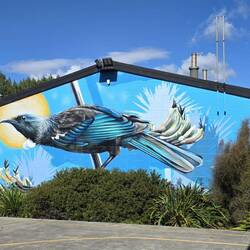 Colorful & beautiful Sky Tūī mural in Neale Park (tūī bird)
