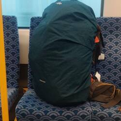 Felix Rucksack im Zug nach Newmarket