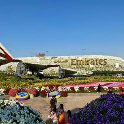 Am Ende ist ein Flugzeug von Emirates aus Blumen gebaut