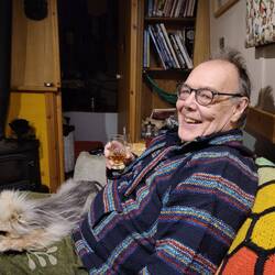 Enjoying a single malt on the evening of his birthday