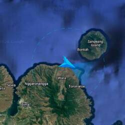 Satellite view of our route between Sumbawa and the volcano on Pulau Sangeang