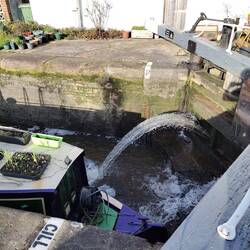 High pressure water spurting in to fill Hoole Lane Lock