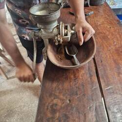 Hand grinding the beans