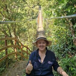 Crossing the wobbly hanging bridge