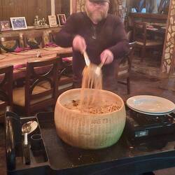 Javier makes us fresh pasta in Parmesano Regiano wheel made tableside