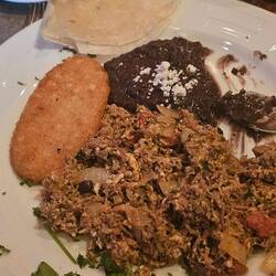 Next days breakfast before football: Eggs with machaca with beans of course