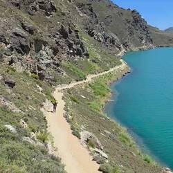 Tom cycling up a hill along scenic Lake Dunstan