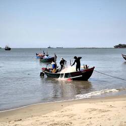 Fischer holen ihr Netz ein.