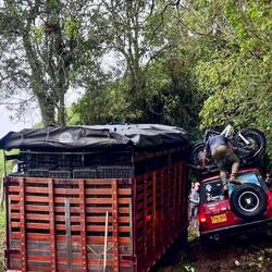 Im Matsch steckengeblieben - so richtig tief drin - da sind noch Räder unter dem Kasten