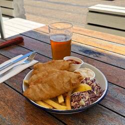 Great Red Snapper fish and chips on the Americas Cup wharf in Auckland with an IPA almost Pernicious