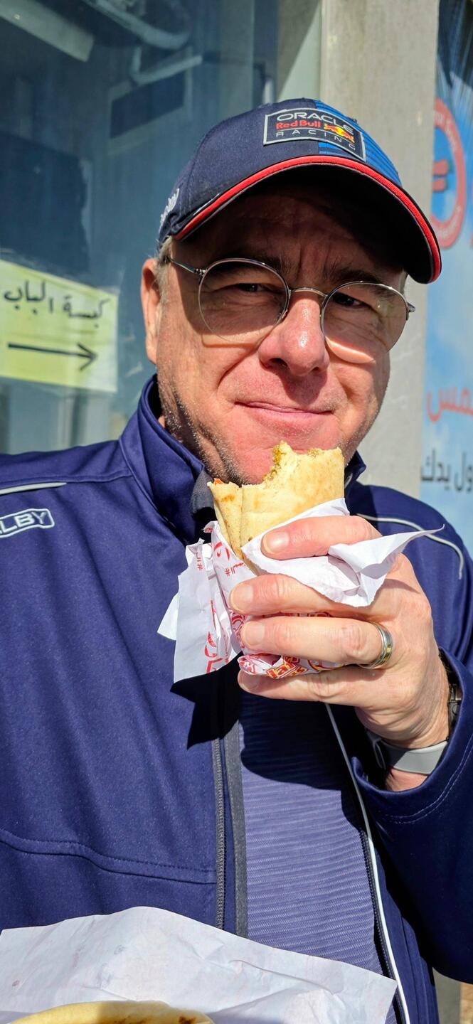 Having a Jordanian falafel from The Falafel House