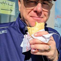 Having a Jordanian falafel from The Falafel House