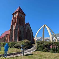 Blue whale jaw bones in front of the church