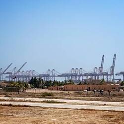 Blick auf die gewaltigen Containerkräne