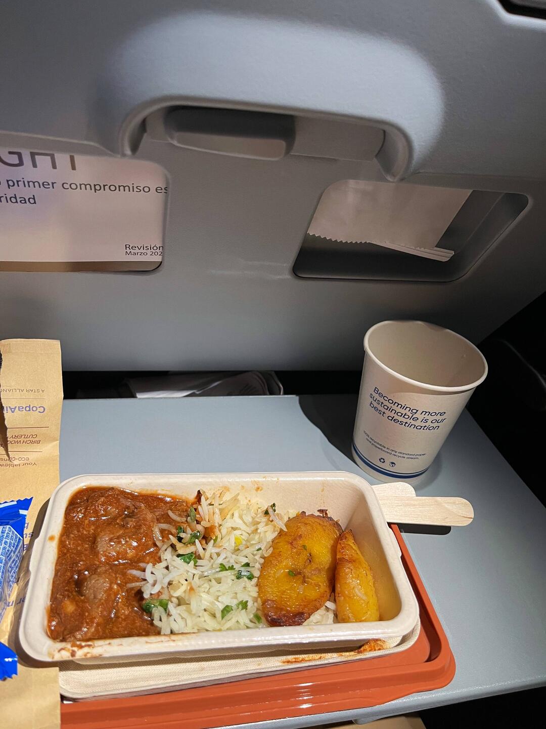 Tiniest meal I've ever had on a plane but the beef, rice and plantains were delicious!