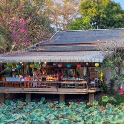 Es gibt mehrere Küchen um einen hübsch angelegten Teich