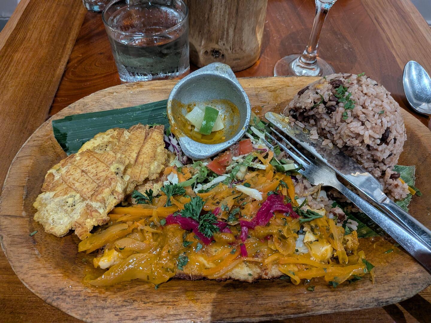 Grilled local fish with an Afro-Caribe sauce. Excellent.