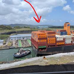 In the distance, the old locks with one coming out (blue) and one going in (black)